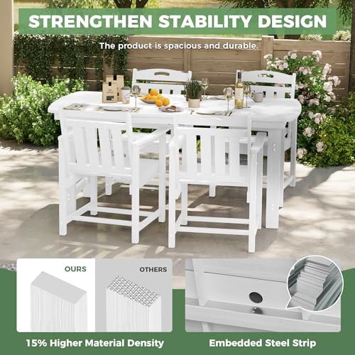 HDPE Outdoor Patio Dining Set with Table & 4 Chairs, All-Weather 5-Piece Outdoor Table and Chairs, 2" Umbrella Hole, Patio Furniture for Garden, Backyard, Deck | White - Image 4
