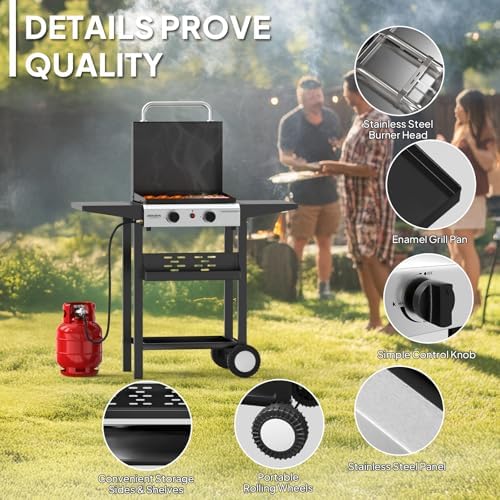 ROVSUN 2 Burner Portable Propane Griddle with Enameled Tray & Lid, 20000 BTU Rolling Flat Top Gas Grill with Electronic Ignition, Side Shelves & Regulator for Outdoor Cooking Camping BBQ Tailgating - Image 5
