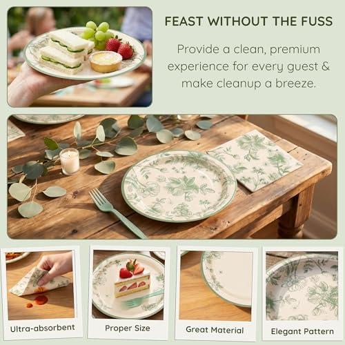 100 Pcs Disposable Sage Green Floral Tableware Set for 25 Guests - Image 4