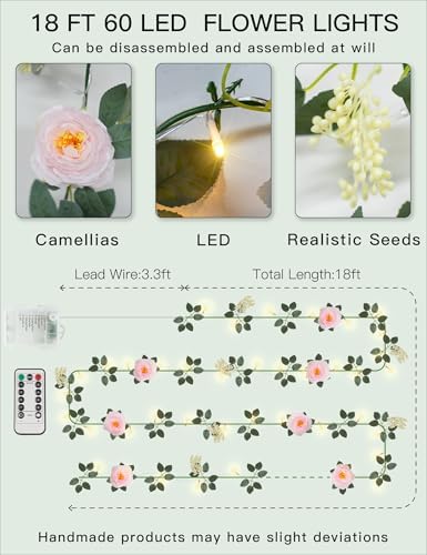 suddus 60LED Garland with Pink Camellia Lights Battery Operated Clear Wire - Image 6