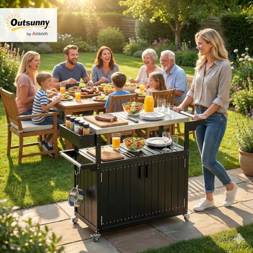 Outsunny Outdoor Bar Cart with Storage Cabinet Kitchen Island Black - Image 2