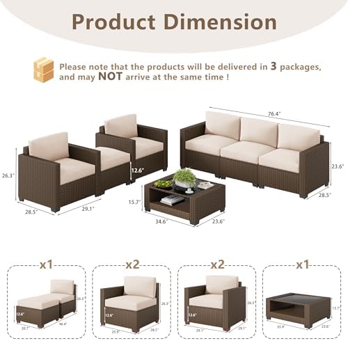 LOUVIXA 7 Piece Outdoor Patio Furniture Set, Rattan Chairs Glass Table Wicker Conversation Seating Sectional Sofa with Cushions (Brown-Beige, 7Pcs-2 Layer Coffee Table) - Image 2