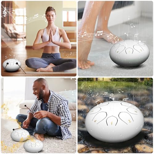 Rain Drum for Outside Garden, 6 Inches 8 Notes Steel Tongue Drums, Waterproof Meditation Echo Rain Chime, Musical Instruments for Adult Gift with Bag, Music Book, Mallets (White) - Image 6