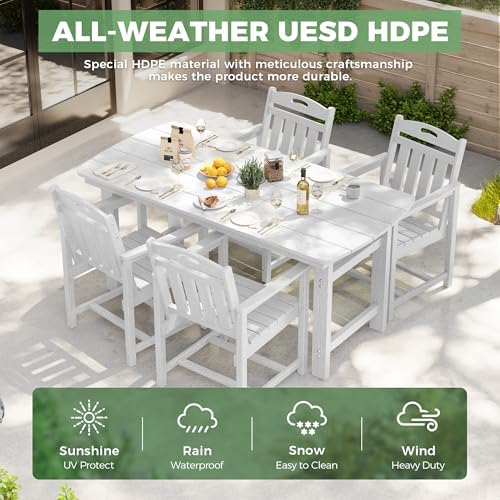 HDPE Outdoor Patio Dining Set with Table & 4 Chairs, All-Weather 5-Piece Outdoor Table and Chairs, 2" Umbrella Hole, Patio Furniture for Garden, Backyard, Deck | White - Image 3