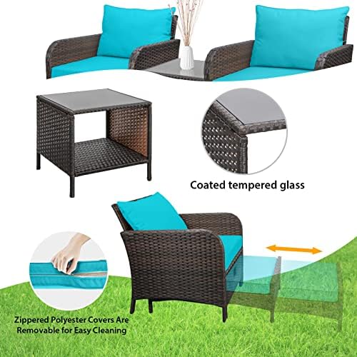 LEVELEVE Balcony Furniture 5 Piece Patio Conversation Set, PE Wicker Rattan Outdoor Lounge Chairs with Soft Cushions 2 Ottoman&Glass Table for Porch, Lawn-Brown Wicker - Image 4