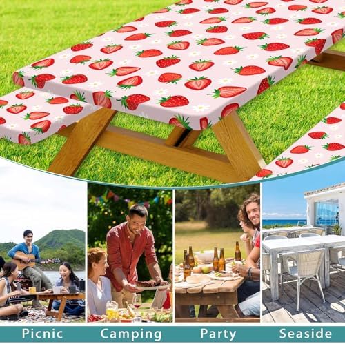 Strawberry Picnic Table Cover with Bench Covers and Bag, Camping Essentials, Berry Waterproof Windproof, Fitted Tablecloth Cover with Elastic Edge for Outdoor Garden 3 PCS 30x72 Inch - Image 4