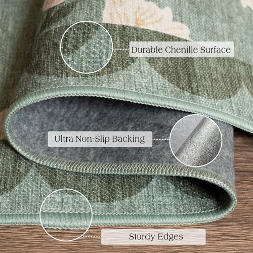 4x6 Covered Outdoor Patio Rug - Green Washable Front Porch Entry Rug Non-Slip Door Mat Indoor Outside Entrance Vintage Floral Scalloped Area Rug for Living Room Entryway Backyard Porch Decor - Image 3