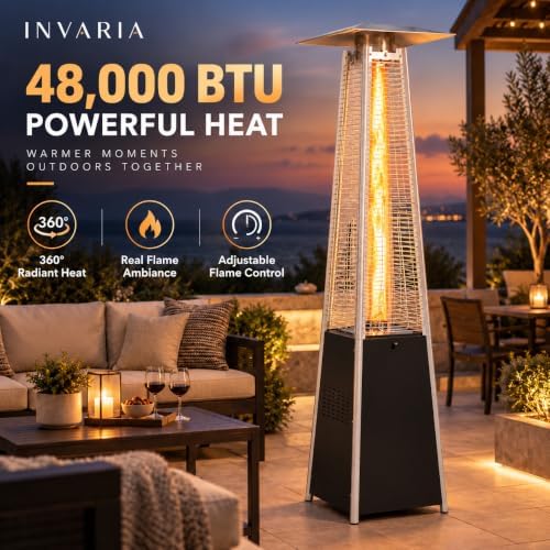INVARIA Pyramid Patio Heater, 48,000 BTU Propane Outdoor Heater with Glass Tube Flame, ETL Certified, Triple Safety Protection, Wheels & Cover Included for Patio Backyard Poolside (Black) - Image 2