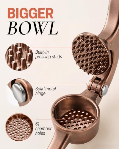 Zulay Kitchen Metal Large Garlic Press, Garlic Mincer, Peeler-Brush, Copper - Image 2