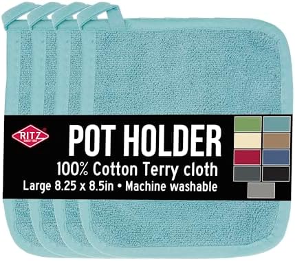 RITZ Terry Potholder & Hot Pad: Unparalleled Heat Resistant, Durable 100% Cotton – Ergonomically Designed for Optimal Grip – Easy-Care Machine Washable – 4-Pack, Dew by RITZ
