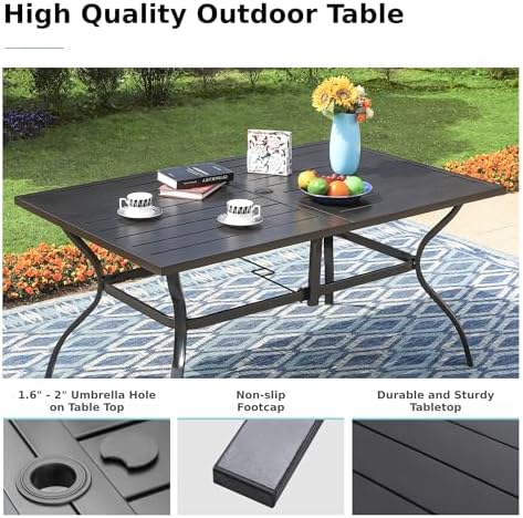 MFSTUDIO Patio Table for 6, Black Metal Dining Table w/Umbrella Hole - Image 4