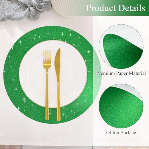 50 PCS Green Round Paper Charger Placemats 13x13Inch Glitter Disposable Table Doilies Table Mats Decor for St. Patrick's Day Mardi Gras Tropical Summer Birthday Dinner Party Table Setting - Image 3