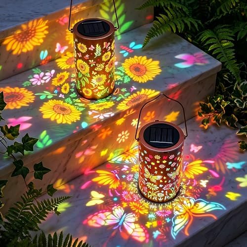 2Pack Colorful Solar Lanterns Outdoor Waterproof, Garden Decor Gifts for Women Mom Grandma - LED Sunflower and Butterfly Solar Powered Lights Metal Hanging Lantern for Outside Garden Patio Yard Porch by PASUTO