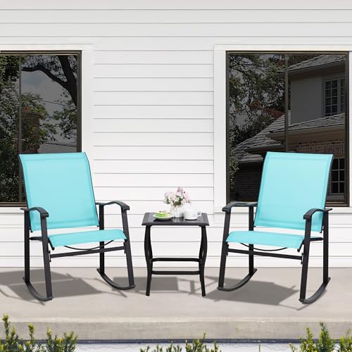 Shintenchi 3 Piece Rocking Bistro Set, Outdoor Furniture with Rocker Chairs and Glass Coffee Table Set of 3, Balcony, Porch Furniture for Small Space, Blue - Image 2