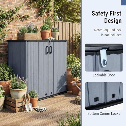 Tangkula 23.5 Cu.ft Outdoor Storage Shed, All-Weather Resin Patio Storage Box with Floor, Lockable Door & Removable Shelf, Waterproof Deck Box for Garden Tools - Image 5