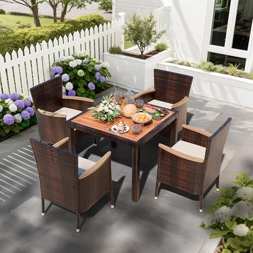 Shintenchi 5 PCS Patio Dining Set, Wicker Outdoor Table and Chairs with Soft Cushions, Patio Furniture Set with Wood Table Top for Backyard, Deck and Garden, Brown Wicker by Shintenchi%7CFurnitureMadeforRealLife