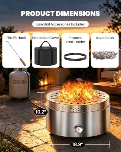 Ciays 19" Outdoor Propane Fire Pit with Wind Shield, Stainless Steel - Image 7