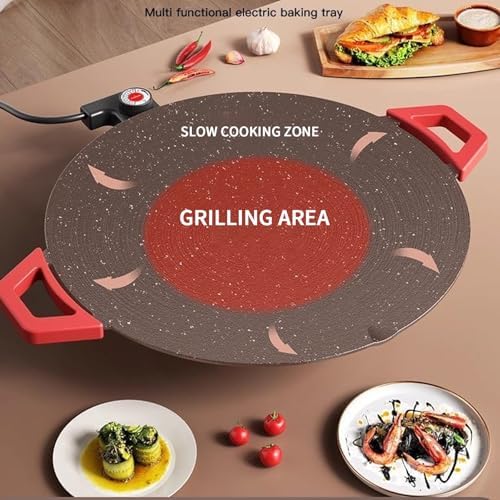 Electric Smokeless Grill, Non-Stick BBQ Griddle with Temperature Control, Round Cooking Surface with Red Handles, Indoor Barbecue Pan for Meat and Seafood (15.7) - Image 4