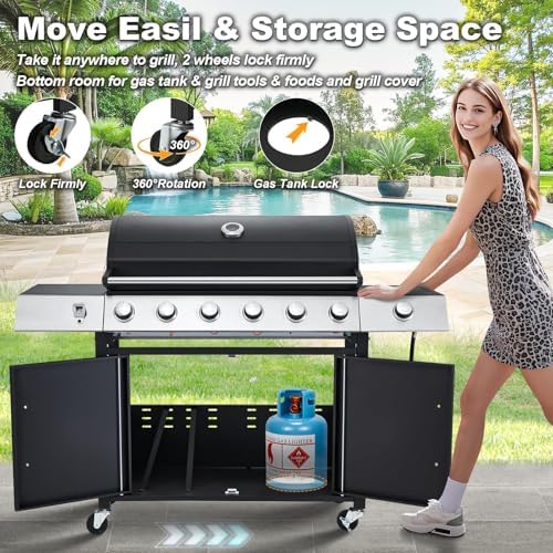 MELLCOM Upgraded 60,000 BTU Stainless Steel Burner Barbecue Grill, 6 Burner BBQ Propane Gas Grill with Side Stove & Cast Iron Grates for Patio, Camping, Outdoor Cooking - Image 3