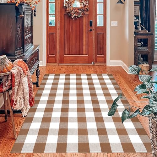 Homydecor Buffalo Plaid Outdoor Rugs, 4'x6' Coffe and White Checkered Area Rug, Layering Rug for Hello/Welcome Door Mat, Washable Cotton Woven Farmhouse Mat for Front Porch Décor by Homydecor