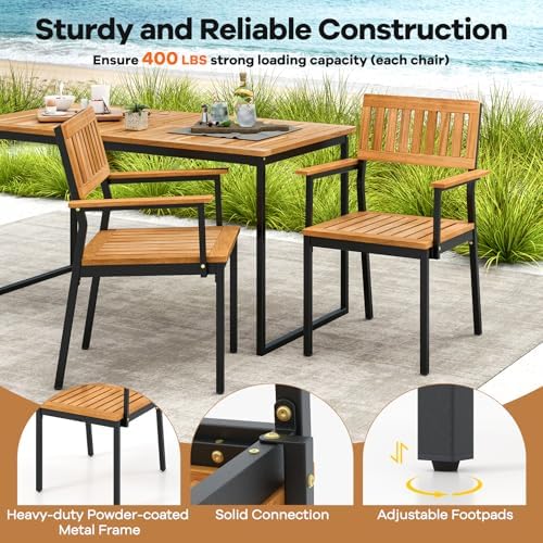 Tangkula 6 Pieces Outdoor Acacia Wood Dining Set, Patio Table and Chairs Set with Bench for 6-7 People, Outdoor Dining Furniture Set with 2" Umbrella Hole for Garden, Backyard and Poolside - Image 5