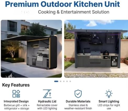 Outdoor Kitchen Pod with Built-in BBQ Grill and Storage Stainless Steel Cooking Station Prefabricated Cooking Set All-Weather Portable Garden Shed for Backyard Parties and Garden Entertaining - Image 7