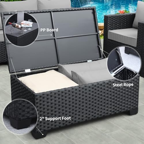 Rattaner Patio Coffee Table with Storage Wicker Outdoor Coffee Table and All-Weather Wicker Side Table with Waterproof Cover, Black - Image 4