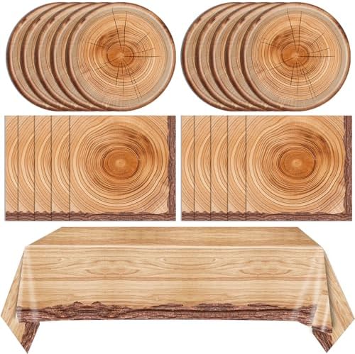 41 Pcs Camping Birthday Party Decorations Rustic Wood Grain Slice Tableware Brown Camo Wood Paper Plates Napkins Tablecloth丨Forest Themed Bonfire Hunting Birthday Lumberjack Party Decor,Serves 20 by Mainivo