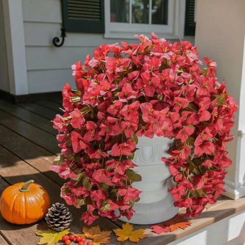 Bougainvillea Artificial Flowers for Outdoors Fake Plants Fall Autumn Decor, 2 pcs Faux Long Trailing Vines UV Resistant Look Real Red Silk Flowers for Outside Planter Front Door Porch Urn Yard Patio - Image 3
