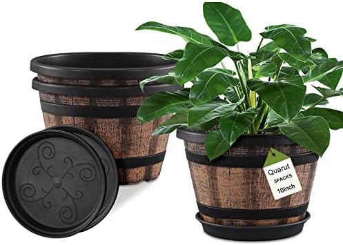 Quarut 3 Pack 10 inch Plant Pots,Whiskey Barrel Planters with Drainage Holes & Saucer, Plastic Decoration Flower Pots Imitation Wine Barrel Design, for Indoor & Outdoor Garden Home Plants (Brown) by Quarut