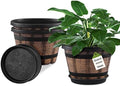 Quarut 3 Pack 10 inch Plant Pots,Whiskey Barrel Planters with Drainage Holes & Saucer, Plastic Decoration Flower Pots Imitation Wine Barrel Design, for Indoor & Outdoor Garden Home Plants (Brown) by Quarut