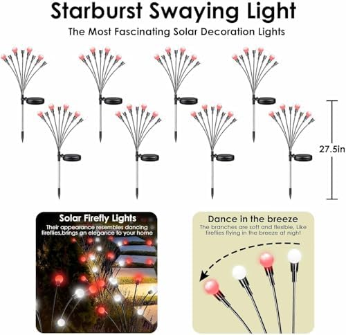 OZS 6Pack Total 48LED Solar Garden Lights Christmas Fairy Outdoor - Solar Firefly Lights Fairy Outdoor, Sway by Wind, Waterproof for Pathway Patio Yard Christmas Decorations(Red&White) - Image 4