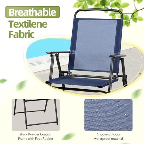 Vongrasig 6 Pieces Folding Patio Dining Set, All Weather Small Metal Outdoor Table and Chair Set, Garden Patio Furniture Set w/Umbrella, Glass Table & 4 Folding Chairs for Lawn, Backyard, Blue - Image 4