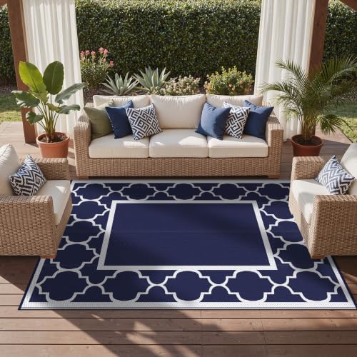GENIMO Outdoor Rug, Waterproof Plastic Rugs for Patio, 8'x10' Blue White - Image 5
