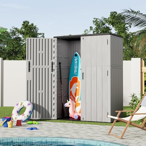 KINYING Outdoor Vertical Storage Shed,57 Cu.ft Outdoor Storage Cabinet Waterproof,Resin Sheds & Outdoor Storage Clearance for Garden,Patio,Backyard,Lockable (Grey) - Image 6