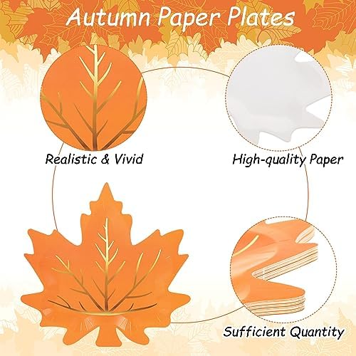 Whaline 30Pcs Fall Thanksgiving Paper Plates Maple Leaf Disposable Plate 3 Colors Gold Foil Autumn Leaves Tableware Plates for Harvest Wedding Holiday Supplies Decor - Image 3