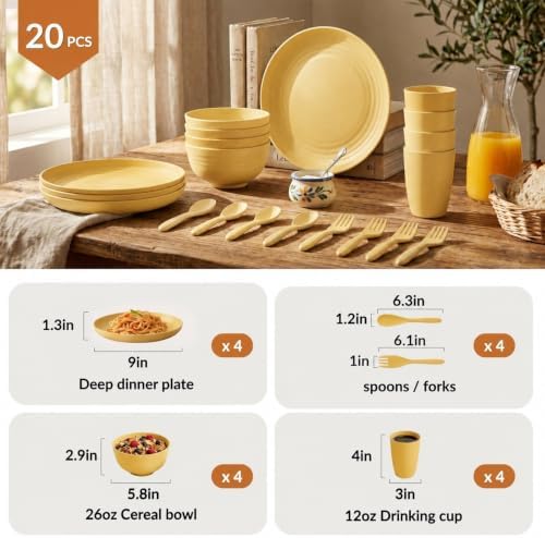 Wheat Straw Dinnerware Sets, Homienly 20pcs Unbreakable Microwave Dishwasher Safe Tableware Lightweight Bowls, Cups, Plates Set Reusable Dinner Plates Bowls set (Yellow) - Image 2