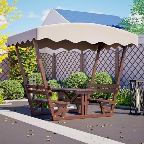 Outdoor Waterproof Solid Wood Picnic Table and Bench Set with Removable Canopy - Suitable for All-Weather patios, Gardens, Decks, Parks, Beaches by QUAWIP