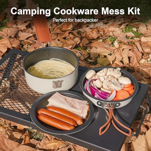 Odoland 10pcs Camping Cookware Non-Stick Camping Pot and Pan Set with Plate Bowl Fork Knife Spoon for Backpacking, Hiking, Outdoor Cooking and Picnic - Image 2