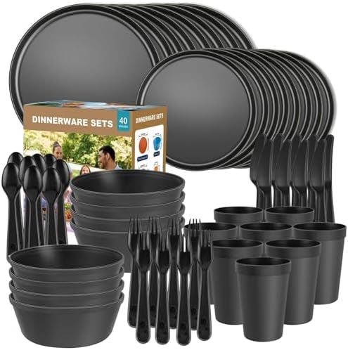 40 Piece Plastic Dinnerware Set for 8 with Cutlery, Unbreakable Plates and Bowls Set, Dishwasher & Microwave Safe Reusable Dish Set for Camping, RV, Outdoor Kitchen, Apartment Dining, Black by BetterMomentsBeginatHome