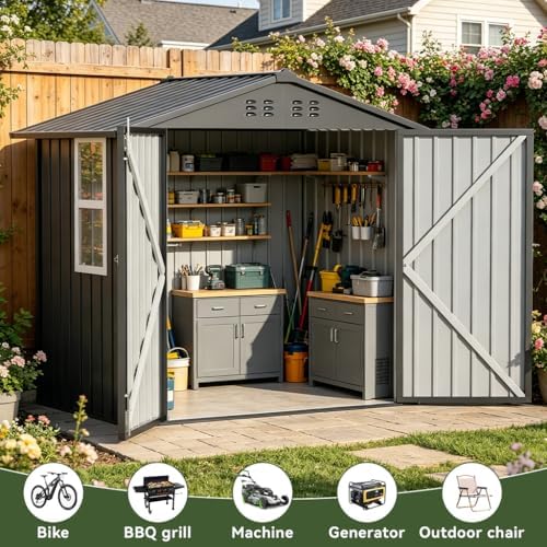 COMHOMA Outdoor Storage Shed with Window,Metal Lockable Garden Toolhouse, Ventilated Weather-Resistant Backyard Utility Workshop for Storage(Light Grey,6x4ft) - Image 5