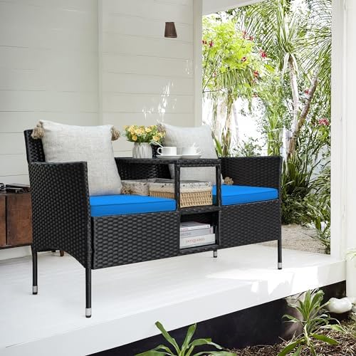 Greesum Patio Loveseat Outdoor Wicker Furniture Conversation Set,Blue - Image 3