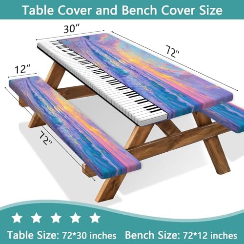 Piano Keyboard Picnic Table Cover with Bench Covers, Camping Essentials, Beach Seaside Sunset Purple Waterproof Windproof, Fitted Tablecloth Cover with Elastic Edge for Outdoor Garden 3 PCS 30x72 Inch - Image 3