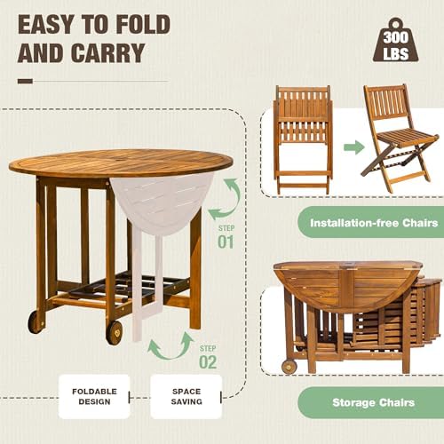 Devoko Acacia Wood Outdoor Patio Folding Table and Chairs Set for 4 - Image 3