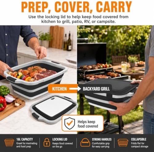 BBQ Prep Tub, 16L Black Collapsible Sink with Cutting Board Lid - Image 4