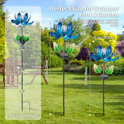 AIINY Solar Garden Lights Metal Flower Decor, Colorful Lotus Pathway Spinning Windmill with LED Cracked Crystal Ball Outdoor Decorative Stake Lighting Waterproof Flower Sculpture for Patio Yard - Image 3