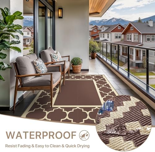 GENIMO Outdoor Rug, Waterproof Plastic Rugs for Patio, 5'x8' Coffee Beige - Image 5
