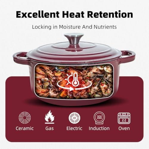 9 QT Merlot Enameled Cast Iron Dutch Oven with Lid, Heavy‑Duty Casserole Pot for Braising, Stews, Roasting, Baking, Oven & All Stovetops Safe - Image 6