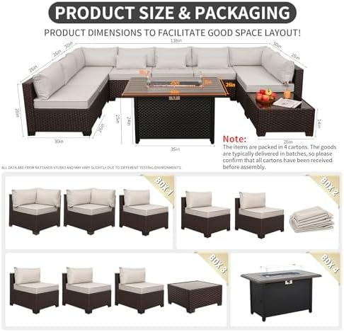 Rattaner 10 Pieces Outdoor Sectional All-Weather Wicker Patio Furniture Set Patio Sectional and Steel Fire Table and Glass Patio Table Non-Slip Cushions and Waterproof Covers, Beige - Image 5