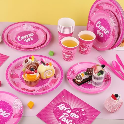 Kochorie 400 Pieces Let's Go Girls Party Tableware Sets Including Disposable Paper Plates Cups Napkins Cutlery Serves 50 for Birthday Disco Pink Cowgirl Bachelorette Party Decorations - Image 3